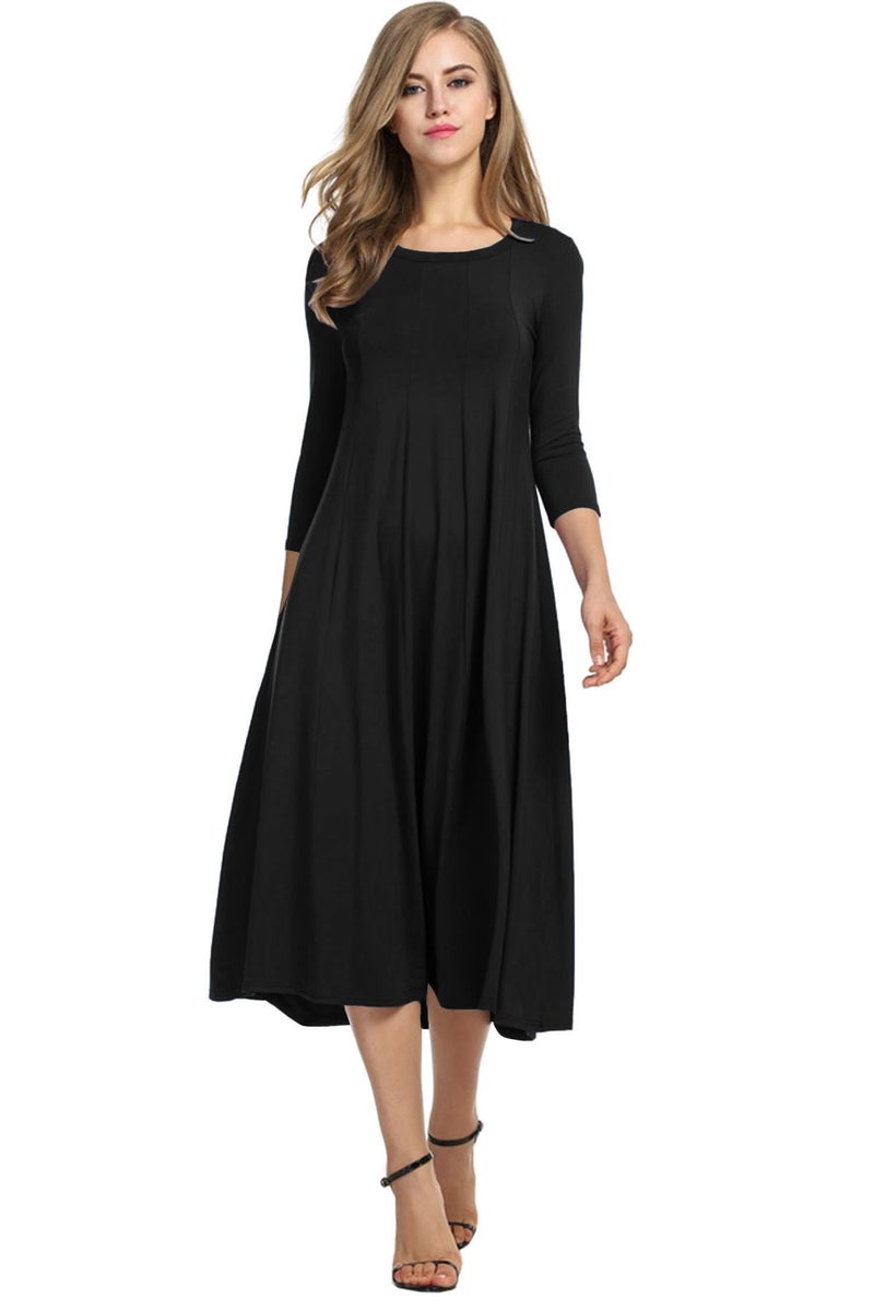 HOTOUCH Women's 3/4 Sleeve Dress Casual Pleated Tshirt Dress Womens Black Summer Dresses(Black L) - Image 1